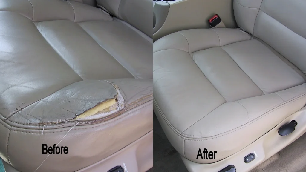 Before and after seat vinyl and leather repair.